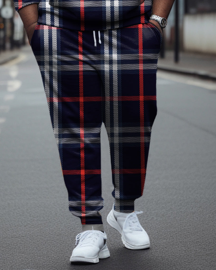 Big Guy’s Check Color Block Casual Hoodie and Sweatpants Two Piece Set