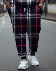 Big Guy’s Check Color Block Casual Hoodie and Sweatpants Two Piece Set