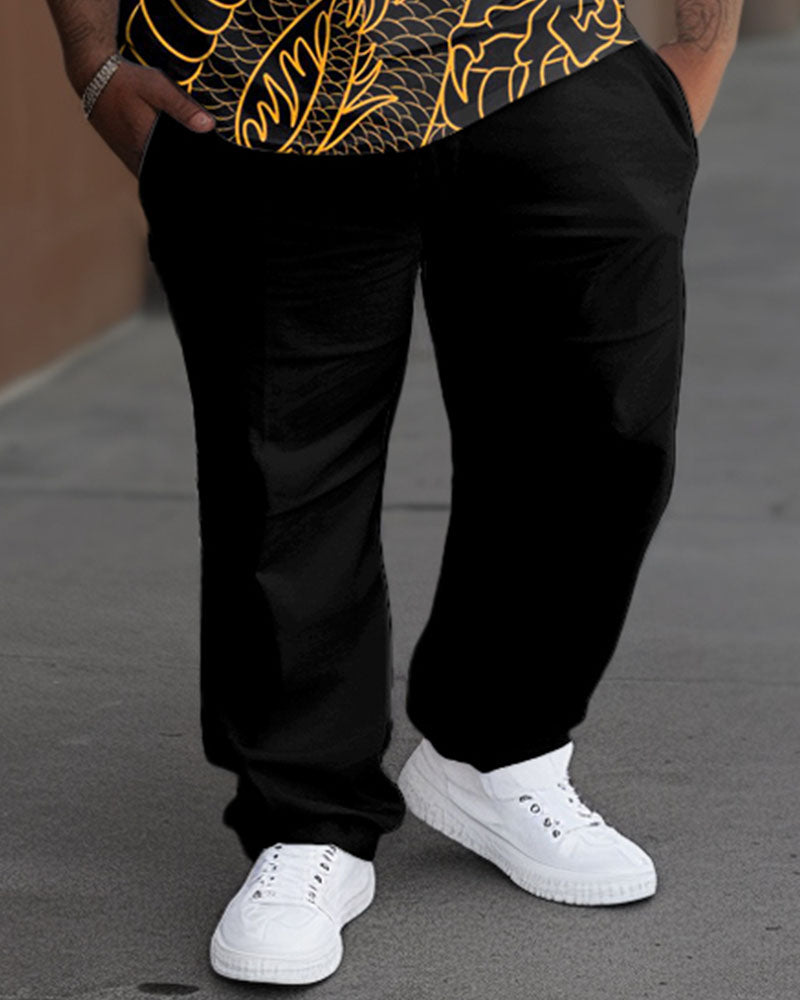 Men's Plus Size Black Dragon Totem Print T-Shirt Trousers Suit