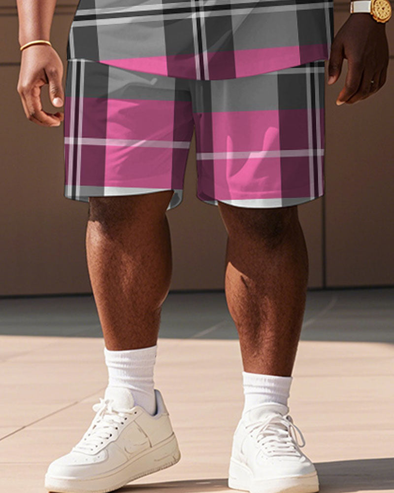Men's Plus Size Street Pink Plaid Print Short Sleeve T-Shirt Shorts Suit