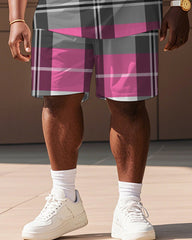 Men's Plus Size Street Pink Plaid Print Short Sleeve T-Shirt Shorts Suit