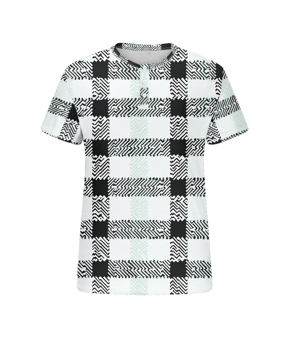 Men's Plus Size Black And White Check Print Henry Collar Button Short Sleeve T-shirt