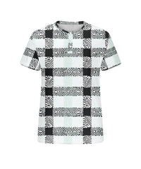 Men's Plus Size Black And White Check Print Henry Collar Button Short Sleeve T-shirt