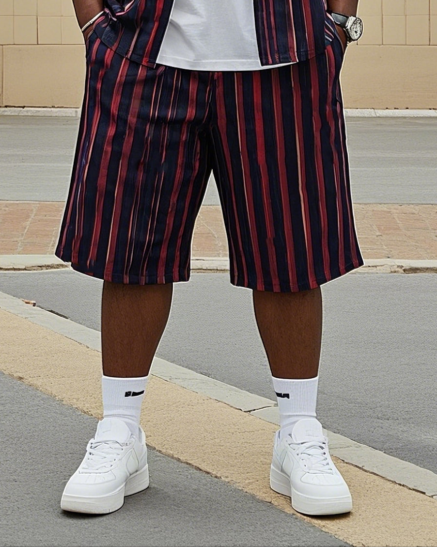 Big Men's Red And Blue Striped Color Block Printed Short Sleeve Shirt Shorts Suit