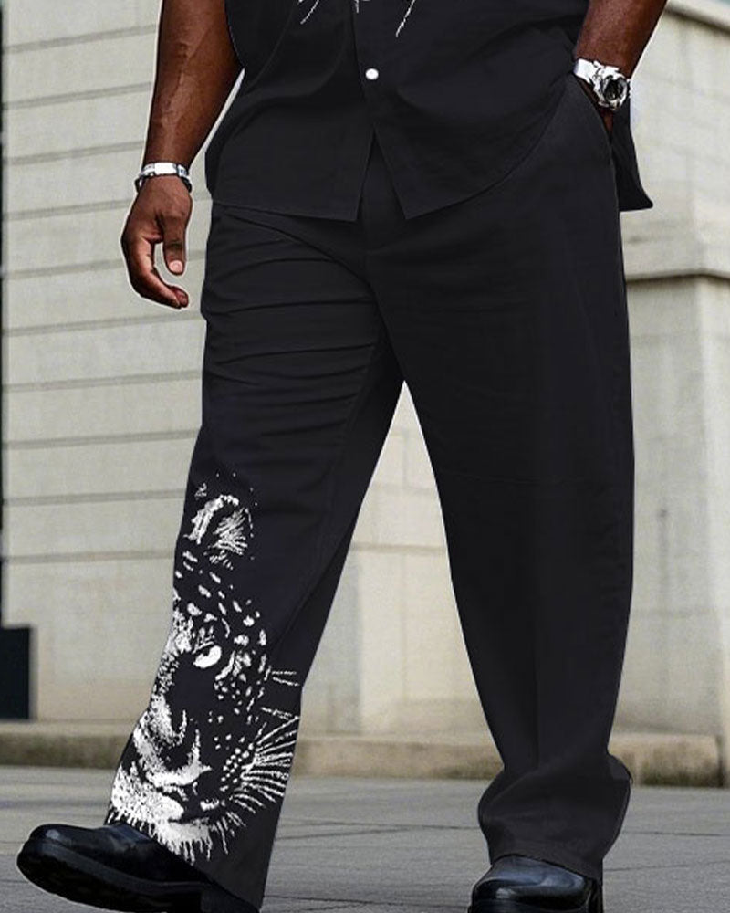 Men's Plus Size Black Purple Shoulder 3D Leopard Print Short Sleeve Shirt Trousers Suit