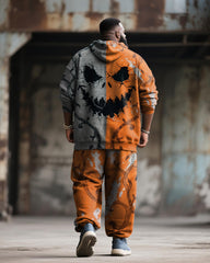 Big & Tall Men's Halloween Orange Pumpkin Facial Contrast Stitch Print Hoodie Suit