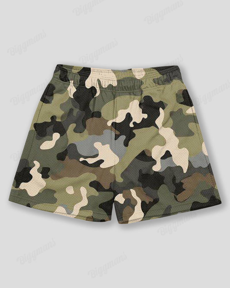 Plus Size Men's Green Camouflage Graffiti Print Sports Mesh Quick Dry Shorts