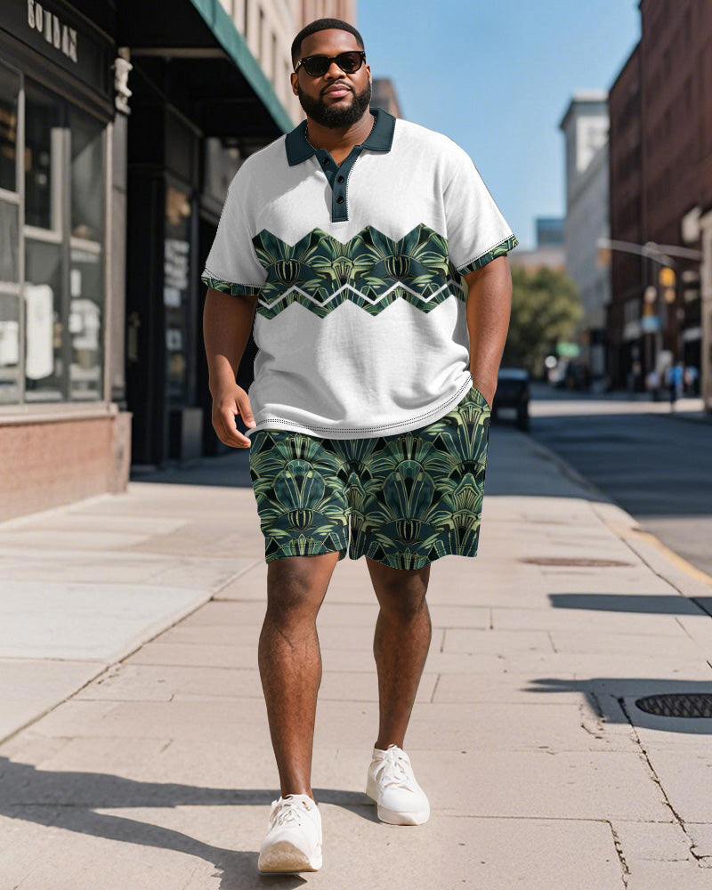 Big & Tall Men's Business Green Colorblock Geometric Print Short Sleeve Polo Shirt Shorts Suit