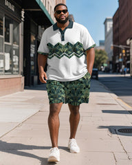Big & Tall Men's Business Green Colorblock Geometric Print Short Sleeve Polo Shirt Shorts Suit