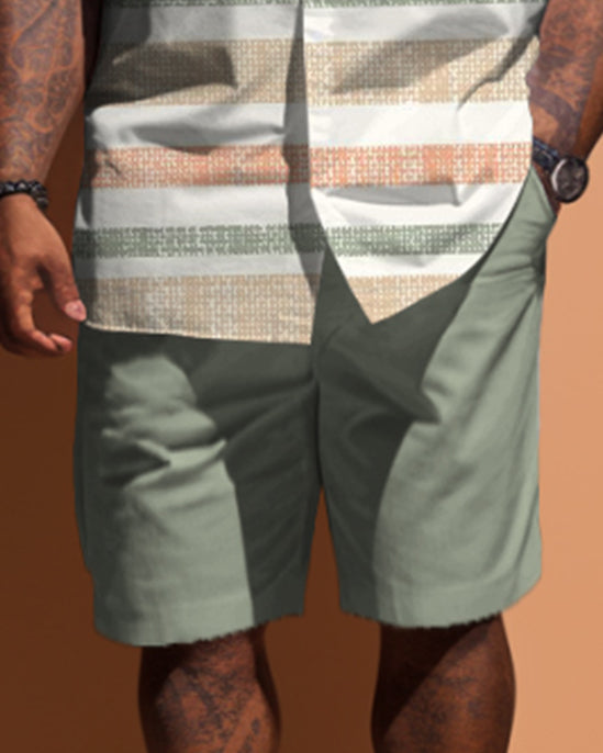 Men's Big & Tall Simple Stripe Patchwork Printed Pocket Short Sleeve Shirt Shorts Set