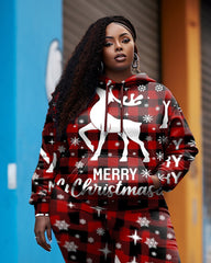 Women's Big & Tall Merry Christmas Elk Plaid Hoodie Sweatpants Set