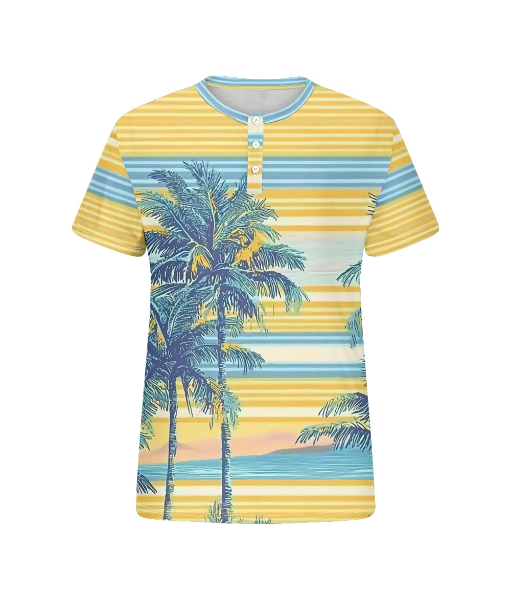 Men's Plus Size Daily Casual Yellow Striped Coconut Tree Print Henley Collar Button Short Sleeve T-Shirt