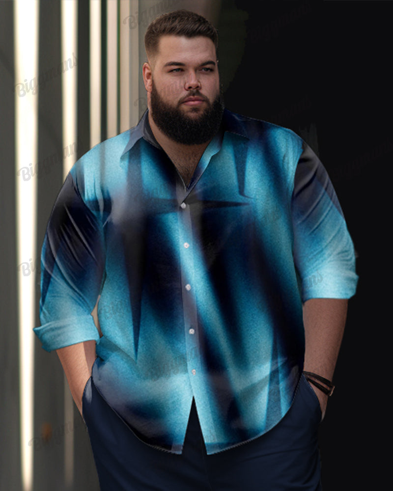 Business Light And Shadow Gradient Print Long Sleeve Lapel Shirt 2 Piece Set Men's Plus Size