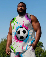 Big Men's Fashion Colorful Ink Splash Football Printed Round Neck Casual Vest and Shorts Set