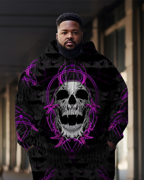 Big & Tall Men's Flame Purple Skull Graffiti Hoodie Two Piece Set