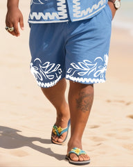 Big Men's Vacation Casual Bohemian Style White Vintage Striped Edge Textured Print Blue Short Sleeve Shirt Shorts Suit