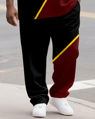Men's Plus Size Black And Red Color-block Line Print Henry Collar T-shirt Trousers Suit