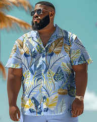 Men's Big and Tall Hawaiian Blue Tropical Leaf Print Shirt Shorts Set
