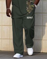 Men's Plus Size Gray Green & Camouflage Chest "Respect" Slogan Printed Short Sleeve T-Shirt Trousers Suit