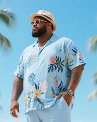 Big & Tall Men's Summer Vacation Style Color Matching Psychedelic Floral Printed Short Sleeve Shirt Trousers Cotton Linen Suit