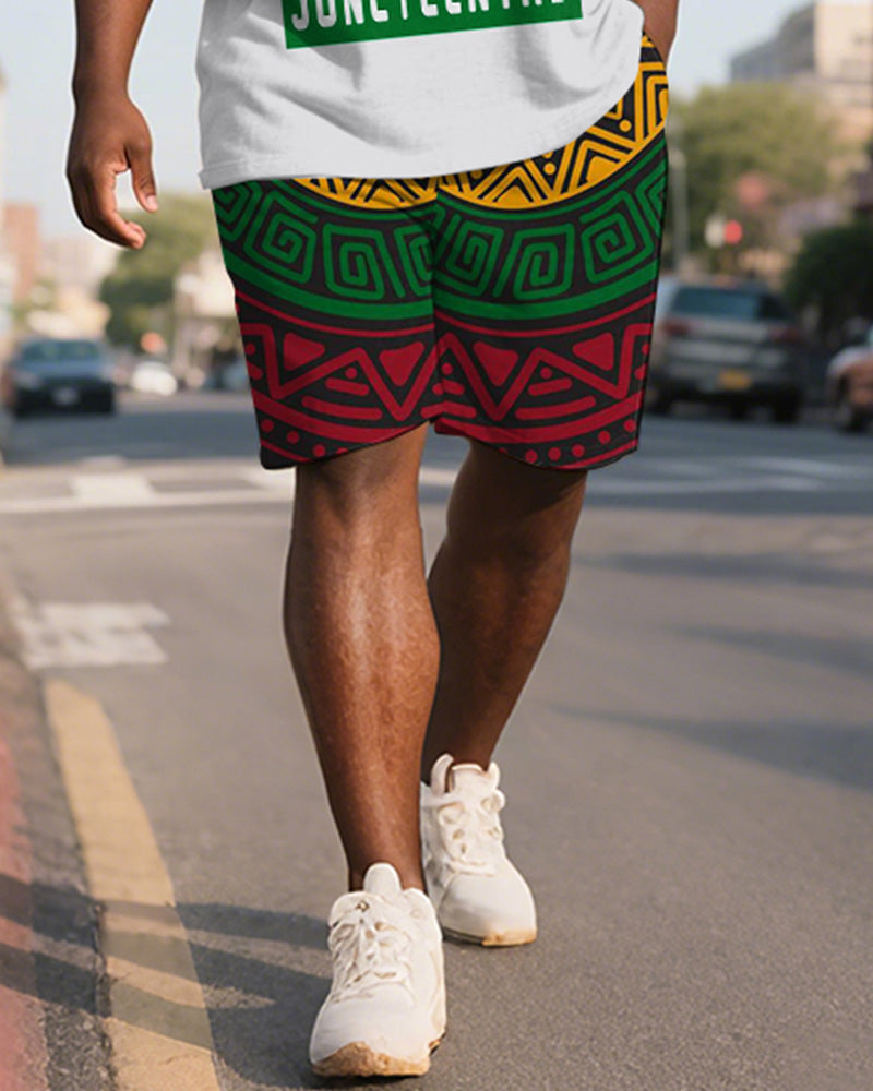 Men's Plus Size Juneteenth Alphabet Print Henley Collar Short Sleeve T-Shirt Shorts Suit