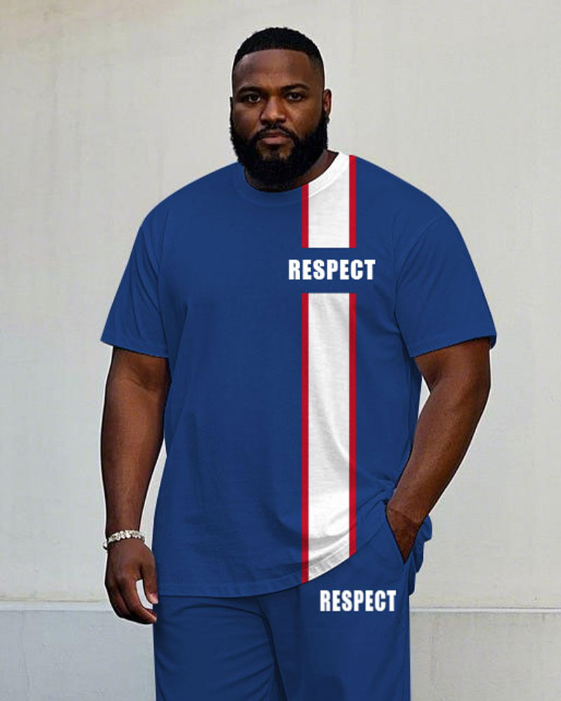 Men's Plus Size Casual Blue & White Colorblock Small Label Printed Short-sleeved T-shirt Trousers Suit