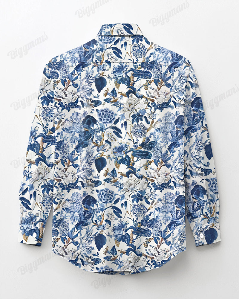 Hand-painted Line Flower Cotton Long Sleeve Shirt Men's Plus Size
