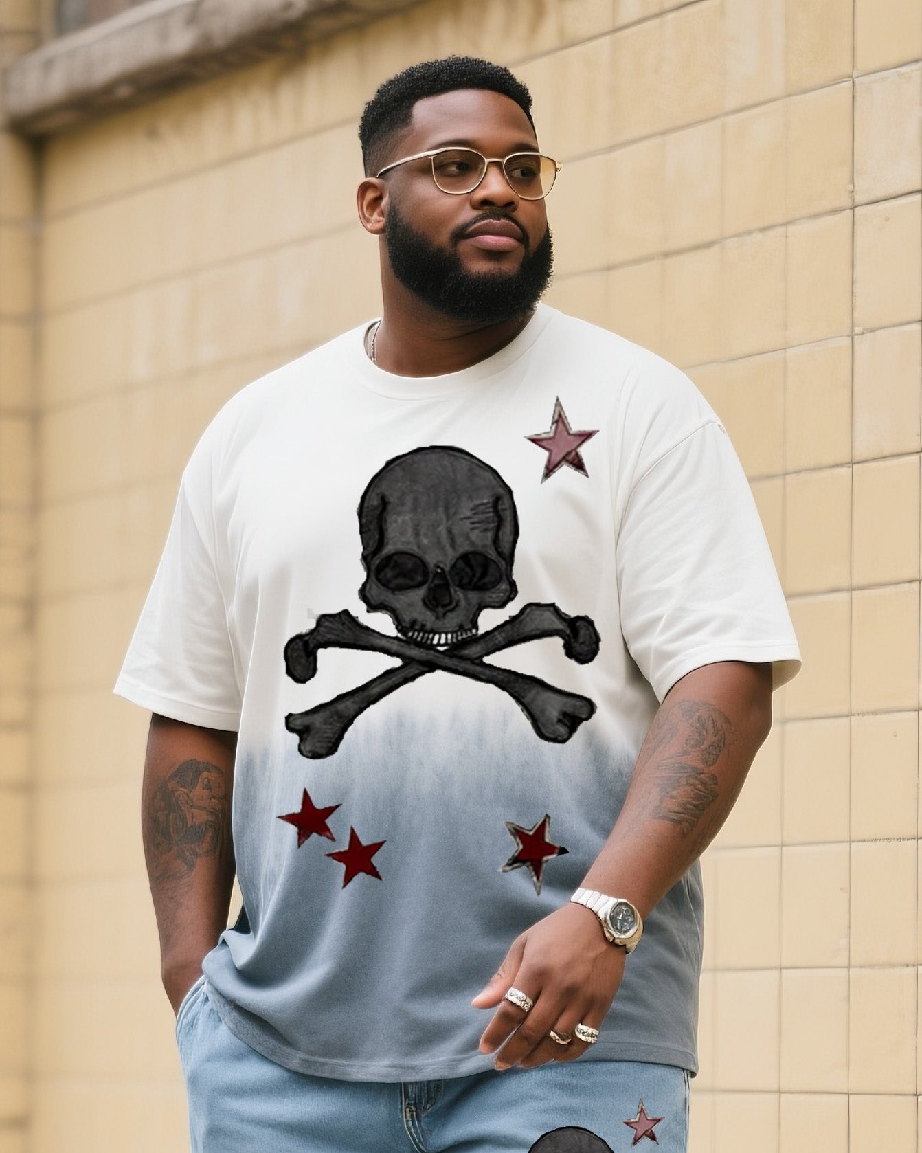 Big & Tall Men's Fashion Street Personality Skull And Star Gradient T-shirt Small Label Shorts Denim Suit