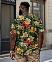 Men's Plus Size Hawaiian Red And Yellow Floral Print Henry Collar Button Short Sleeve Tee