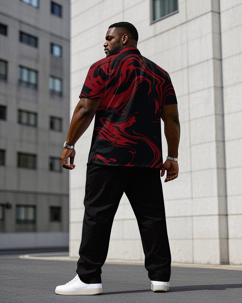 Men's Plus Size Black & Red Magma Print Daily Casual Short Sleeve Shirt Trousers Suit