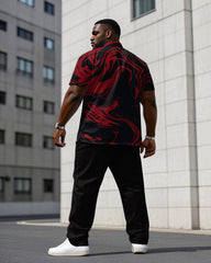 Men's Plus Size Black & Red Magma Print Daily Casual Short Sleeve Shirt Trousers Suit