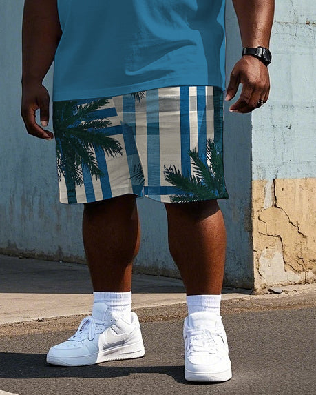 Men's Big Size Hawaiian Coconut Tree Simple Blue Stripe Printed Short Sleeve Polo Shirt Shorts Set
