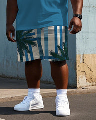 Men's Big Size Hawaiian Coconut Tree Simple Blue Stripe Printed Short Sleeve Polo Shirt Shorts Set