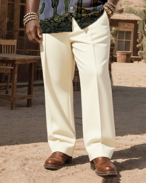 Big & Tall Men's Western Wind Desert Cactus And UFO Print-Cuban Collar Short Sleeve Shirt Pants Suit