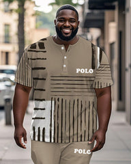 Men's Plus Size Khaki Colorblock Striped Alphabet Print Henry Collar T-Shirt Pants Suit