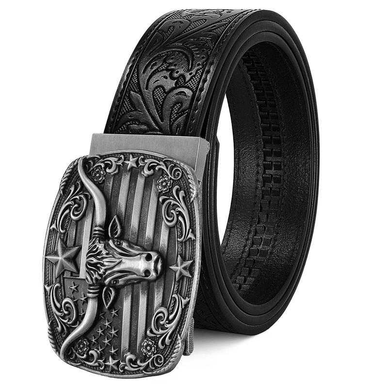 Unisex Western Cow Hide Embossed Leather Ratchet Belt with Automatic Buckle