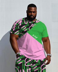 Men's Plus Size Street Graffiti Pink & Green Distinctive Stitching Short-sleeved T-shirt Trousers Suit