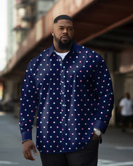 Men's Big and Tall Polka Dots Blue Lapel Long Sleeve Shirt