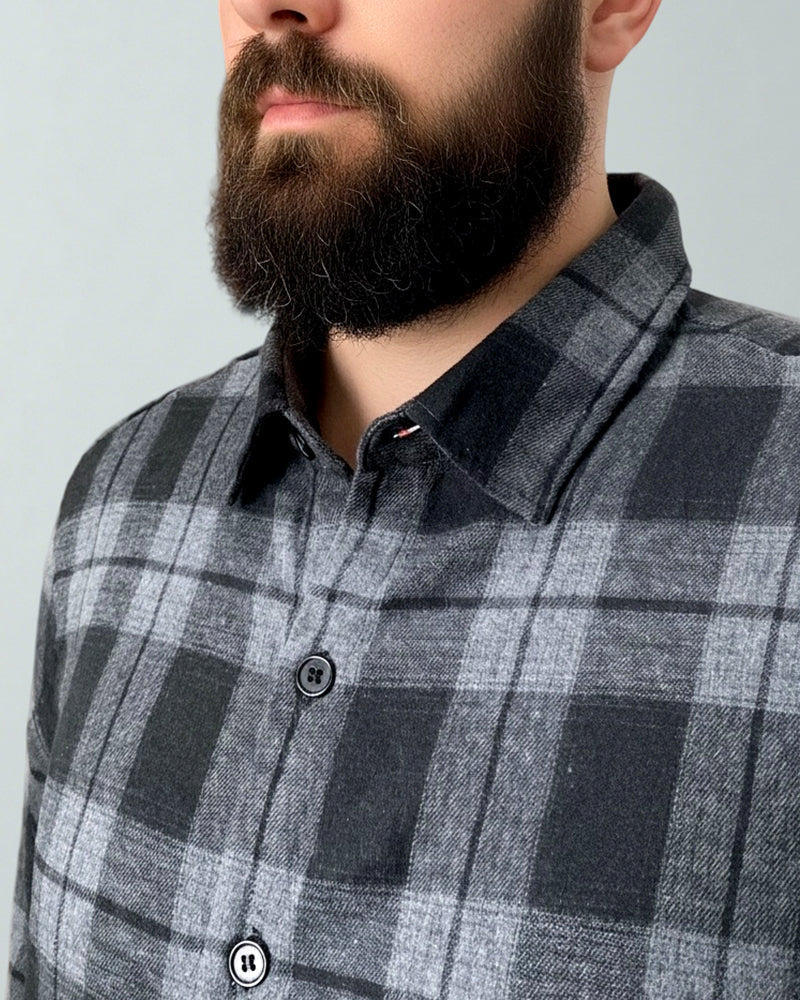 Big & Tall Men's Black-autumn/winter Commuter Plaid Flannel Fabric Long Sleeve Shirt