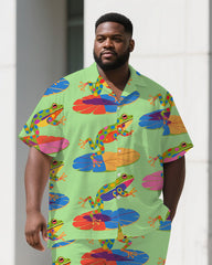 Big Men's Animal Cartoon World Frog Printed Short-Sleeve Shirt Pants 2-Piece Sets