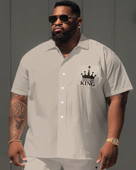 Men's Plus Size Casual Simple King Letter Print Pocket Short Sleeve Shirt Shorts Suit