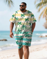Men's Plus Size Green Coconut Tree Gradient Print Round Neck Short Sleeve T-Shirt Shorts Suit