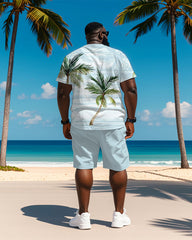 Big & Tall Men's Hawaiian Blue Coconut Stripe Print Round Neck Short Sleeve T-Shirt Shorts Suit