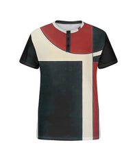 Men's Plus Size Black And Red Geometric Print Henry Collar Button Short Sleeve T-shirt