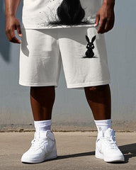 Men's Simple Cartoon Rabbit Print Big & Tall Summer Stretchy Short-Sleeve T-shirt Shorts Set