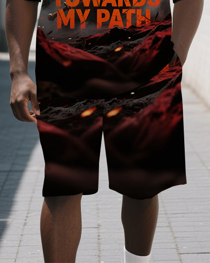 Big Guy's War Theme Letter Graffiti Daily Casual Short Sleeve Polo Shirt and Shorts Set