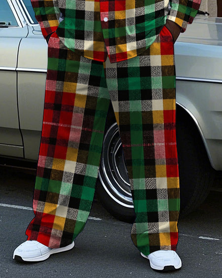 Big Men's Daily Casual Colorful Plaid All Over Printed Long Sleeve Shirt Pants Set