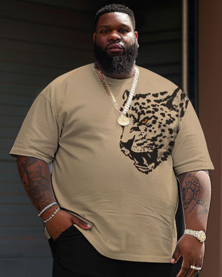 Street Casual Wild Leopard Print Large Size Men's T-shirt & Shorts Set