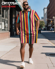 Big & Tall Men's Colorblock Stripe Print Short Sleeve Polo Shirt Shorts Suit