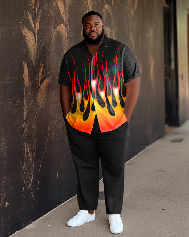 Men's Plus Size Black Flame Short Sleeve 2 Piece Walking Suit